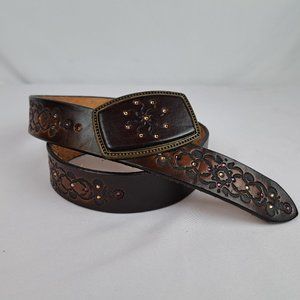 Vintage Alumaline Leather Tooled Belt w/ Rhinestone detailing & Matching Buckle